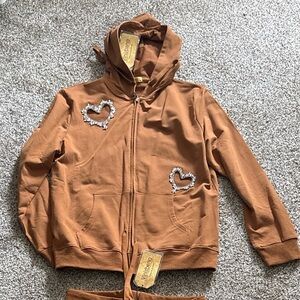 Copper color pant set with rhinestone hearts